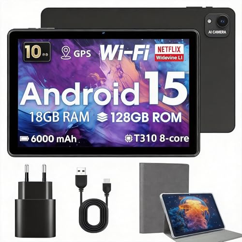 Hasskya Tablet 10 Zoll mit Hülle, Android 15-Tablets,18GB RAM+128GB ROM 1TB Erweiterbar,Widevine L1-kompatibles Octa-Core Tablett mit WiFi 5,HD IPS Touchscreen,6000 mAh,T310-CPU,5MP+8MP Doppelkamera