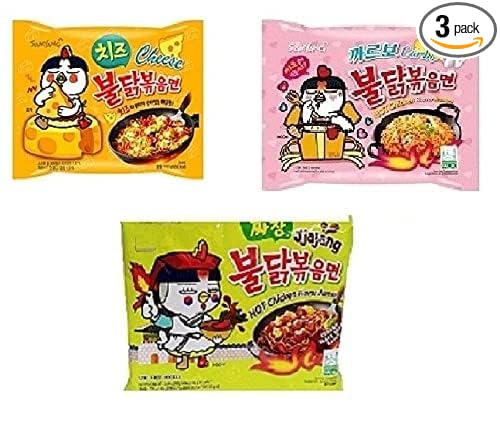 Sam Yang Korean Buldak Cheese Noodles PK1 & Buldak Carbo Noddles PK1 & Buldak Jijang Pk1(420 Grams)(Imported) Pack of 3 (Non - Vegetrian)