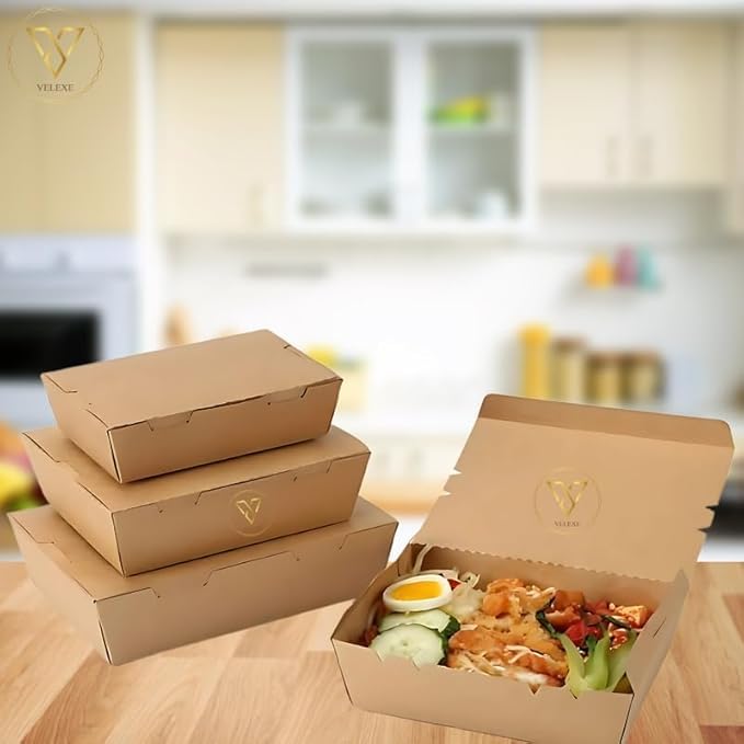 Image of Brown Kraft Paper Food Box | 17x15x4.5 CM | 750ml | Pack of 25 | Takeaway Containers | Biodegradable & Disposable Food Containers for Meal, Party Catering, Takeout, and Delivery