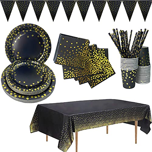 25 Gäste Schwarz-Gold-Punkt-Papier-Party-Geschirr-Set, Pappteller, Servietten, Tassen, Strohhalme, Banner, Tischdecke für Geburtstagsdekorationen Hochzeitstag Weihnachten Babyparty Cover