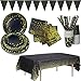 Ensemble de vaisselle de fête en papier à pois noir et or, assiettes en papier, serviettes, tasses, pailles, bannière, nappe pour anniversaire de mariage anniversaire de Noël - pour 25 personnes