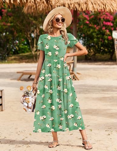 Image of Zeagoo Summer Dresses for Women 2026 Maxi Bohemian Floral Short Sleeve Long Dress Casual Flowy Tired Beach Sundress