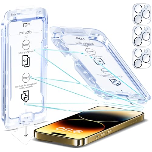 SMARTDEVIL 3-Pack Screen Protector for iPhone 14 Pro Max with 3-Pack Camera Lens Protector, Clear 9H Tempered Glass Film, Super Fast Installation (Dust-Free & Bubble-Free), Alignment Tool