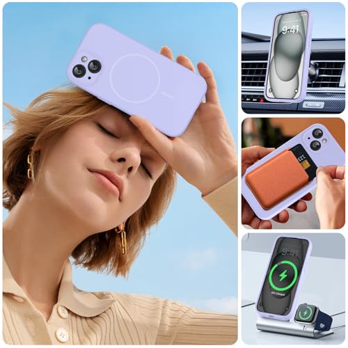 Image of Miracase Magnetic for iPhone 15 Plus Case, [Soft Anti-Scratch Microfiber Lining], Compatible with MagSafe, Liquid Silicone Shockproof Drop Protection Phone Case for 15 Plus, Light Purple