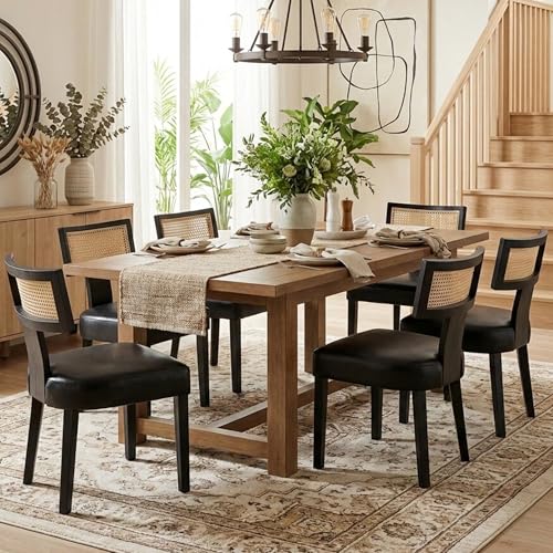 Image of HNY Mid Century Modern Rattan Dining Chairs Set of 6, Farmhouse PU Leather Upholstered Accent Chair Curved Backrest Kitchen Chairs, with Black Hardwood Frame, Black