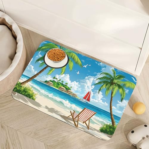 Tropical Beach Dog Food Mat for Floors,Hawaii Palm Tree Absorbent Quick-Dry Pet Feeding Mat,Cat Dog...