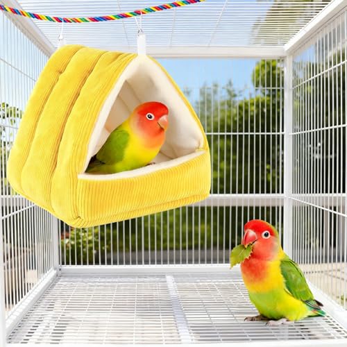 Image of Winter Warm Bird Bed for Cage with Soft Plush Hanging Hammock & Hut Tent, Hideaway Sleeping Nest for Budgies, Cockatiels, Small Animals, and Guinea Pig Hideouts (Yellow, S)