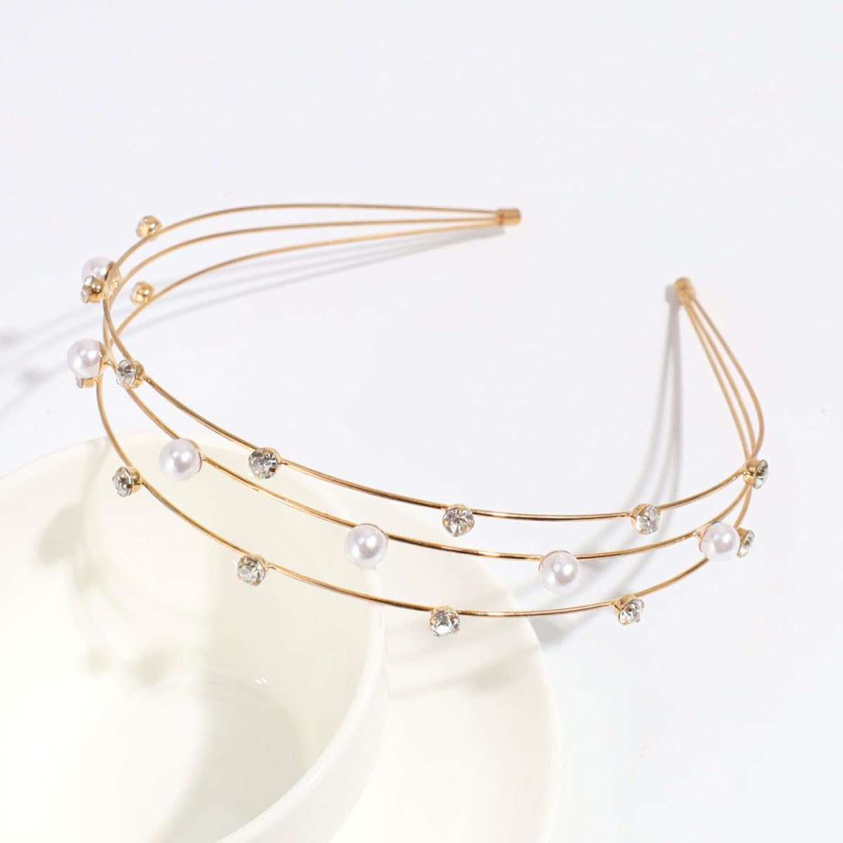 scicent Three Layer Hairband White Faux Pearl Headband Sparkly Diamond Head Bands Gold Metal Hair Bands Bridal Hair Hoop Party Wedding Hair Accessories for Women 23629 - Image 3