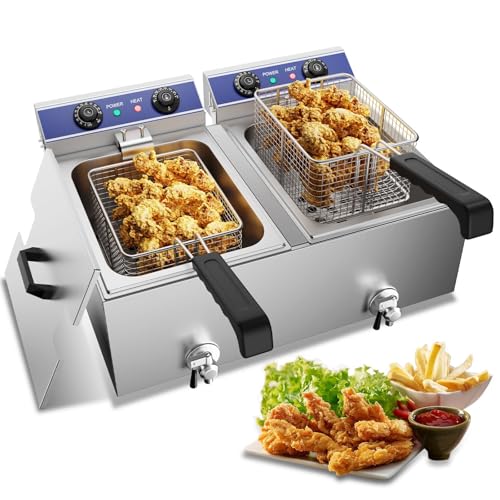 TAIMIKO Electric Deep Fryer Commercial Stainless Steel Tank With Lid Easy Clean Home and Commercial Use Countertop Kitchen Fat Fryer Frying Machine for French Fries UK plug (Double Tanks,6L+6L,Timers)