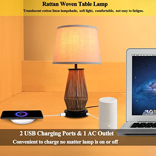 Ibestwin Touch Control Rattan Table Lamp Set Of 2, 3-Way Dimmable Vintage Rustic Farmhouse Traditional Nightstand Bedside Lamps With 2 Usb Ports And Ac Outlet For Bedroom Living Room #TOP2