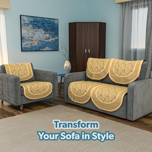 Image of Kuber Industries (Set of 6) Stylish & Durable Net Cotton Sofa Covers 2+1 Seater | Aesthetic Sofa Protector /Mat & Slipcover for Living Room & Office | Coconut Bright - Golden