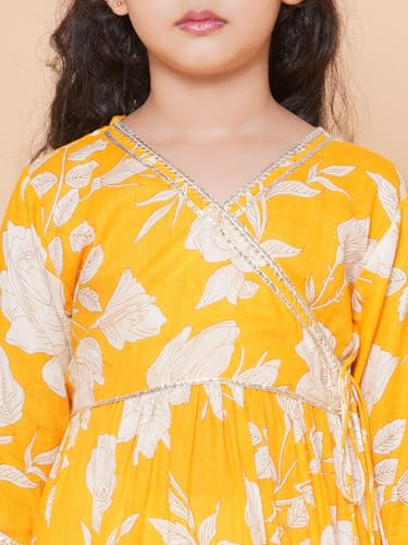 Image of Bitiya by Bhama Girls Yellow Floral Printed Angrakha Gotta Patti Pure Cotton Kurta with Sharara(TKS133)