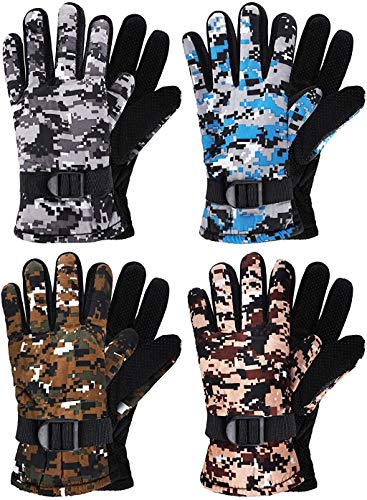 4 Pairs Kids Winter Gloves Waterproof Snow Ski Gloves for Kids Warm Unisex Camouflage Gloves for Cold Weather Girls Boys Children (Yellow, Green, Blue, Grey,for 6 - 12 Years Old)