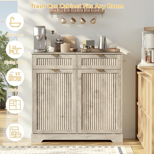 Image of Double 13 Gallon Tilt Out Trash Can Cabinet,Garbage Cabinet with Drawer | Hidden Garbage Storage with Fluted Design, Drawer & Hooks for Kitchen, Dining Room and Small Space Organization,Wood Grey
