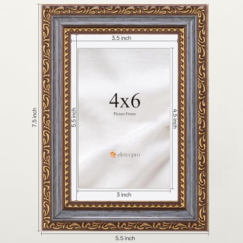Image of eletecpro 4x6 Vintage Picture Frame, Glass Cover, Blue Gold, 2-Pack | Display Photo 3.5x5 with Mat or 4x6 without, Horizontal or Vertical, Tabletop or Wall Decor