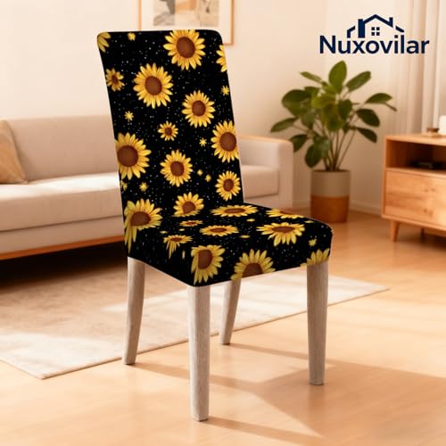 Image of Nuxovilar 4PCS Sunflower Black Background Stretch Chair Covers | Stretch Slipcover Furniture Protector Floral Wrap Seat Guard Dining Room Patio Kitchen Party (Sunflower Pattern)