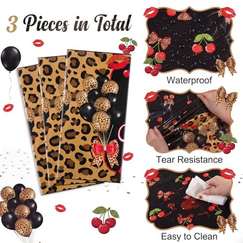 Image of Hahafelt 3 Pcs Cheetah Cherry Disposable Tablecloth Happy Birthday Leopard Table Cover 54 x 108 Inch Plastic Table Cloth Birthday Party Decorations Supplies for Boys Girls Women Men
