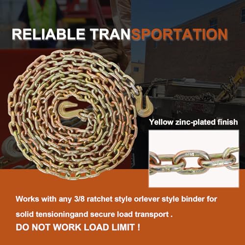 Image of 3 /8 Inch x 20FT G80 Transport Binder Chain Safety /Binder Chain with Clevis Grab Hooks 7,100 lbs Safe Working Load Logging Chain for Transporting Towing Tie Down Binding Equipment, Pack of 2