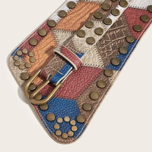 Generic Women's Elastic Skinny Belt Stitched PU Leather Bronze Tacks Vintage Wide Waist Cinch Belt for Women Girl Dress, Width 3.9 inch, 70CM3