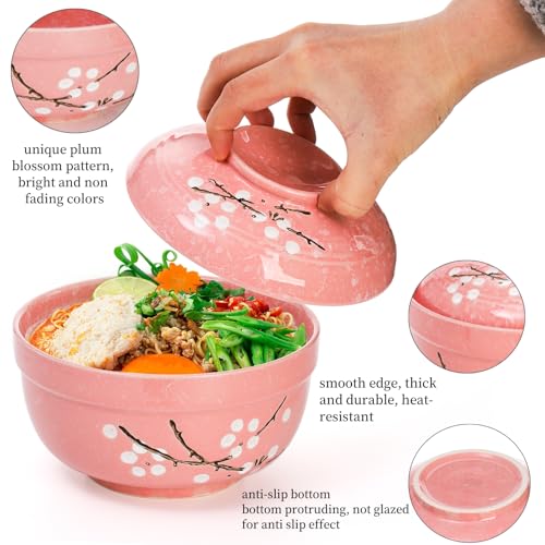 Image of Goaste 2 Pack Ceramic Ramen Noodle Bowl, 27 OZ Big Ramen Bowl with Lid, Japanese Hand-Painted Ceramic Tableware, Durable Floral Soup Bowl for Noodles, Porridge, Rice, Dishwasher Safe(Pink, Cyan Blue)