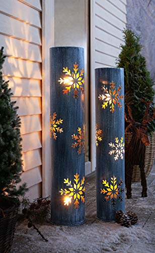 2 Stück Windlichtsäulen Schneeflocke aus Metall, 88 + 100 cm hoch, Kerzenhalter, Gartenlaterne, Bodenwindlicht, Dekosäule mit Kerzenglas, Metallsäule, Kerzensäule