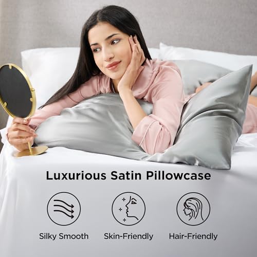 Image of Bedsure King Size Satin Pillowcase Set of 4 - Silver Grey Pillow Covers for Hair and Skin 20x36 Inches with Envelope Closure, Similar to Silk Pillow Cases, Gifts for Women Men