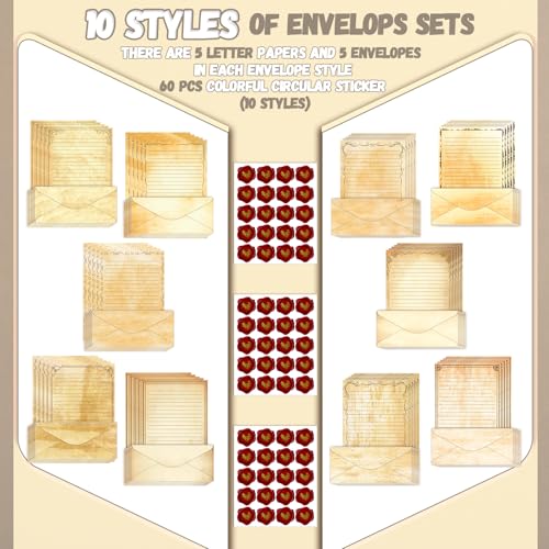 Image of TaoBary 160 Pcs Stationery Paper Set 50 Double Sided Stationery Papers with 50 Matching Envelopes and 60 Round Dot Sticker, 10 Design(Light Vintage,8.5 x 11 Inch)