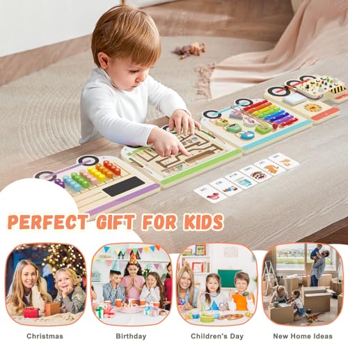 Image of Montessori Sensory Board - Electric Train Wooden Wall Busy Board, Toddler Learning Panel Wall-Mounted, Interactive Playroom Activity Gifts for Kid, Educational Toys for 3-6 Years (Colorful Train)
