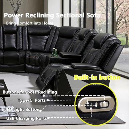 Image of Power Recliner Sectional Sofa Couches with LED Lights for Living Room, Black Leather Wall Hugger Reclining Corner Couch Sets with 4 Home Theater Seat, USB Port, Cup Holder, Storage Console