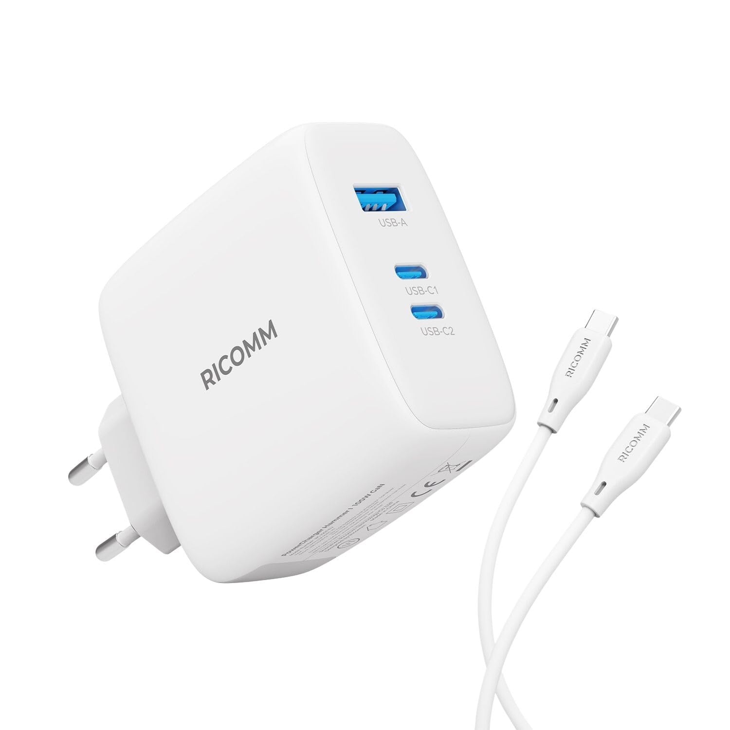 100W GaN 3 Portlu USB-C + USB-A Şarj Aleti QC5.0 PD iPhone, iPad, Samsung, Xiaomi, Notebook, Macbook Uyumlu Hızlı Şarj Cihazı + 100W Type-C Şarj Kablosu 2 Metre