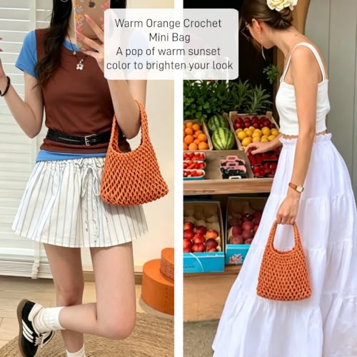 Image of Mini Clutch Handbag Fishing Net Bucket Bag Cotton Rope Crochet Drawstring Woven Beach Bag Small Tote for Women Girls