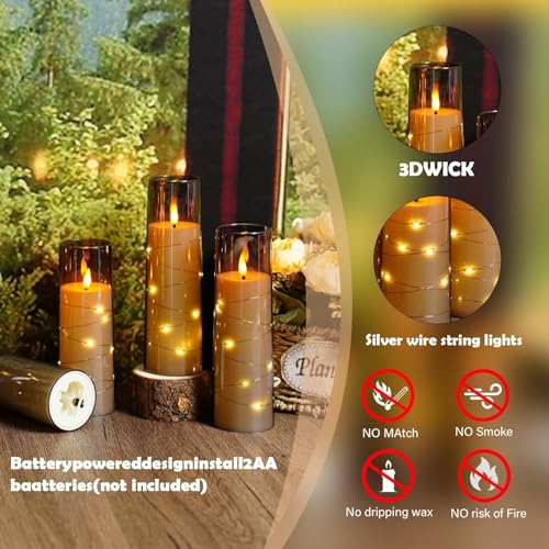 Image of LTETTES Acrylic Fiber Glass Led Candles Set of 12 | Embedded Star String Lights | Flickring Wick | 2 AA Battrey Operated with Remote | Home Decor & Festival | H 5.5'', 6.5'', 7.5'' x D 2.3'' | Grey
