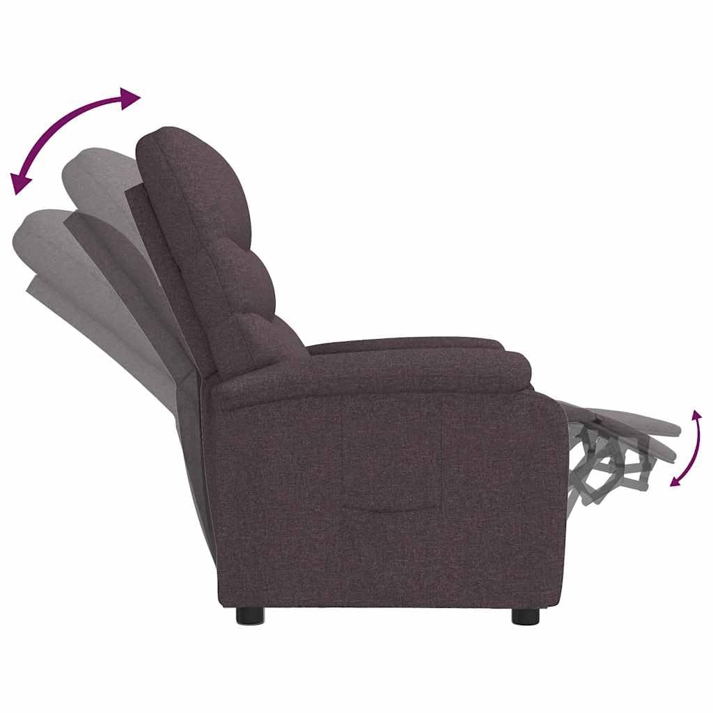 Fotel relaksacyjny, ciemnobrązowy materiał z regulowaną funkcją leżenia, ergonomiczna tapicerka, rama drewniano-metalowa, wygodny mebel do siedzenia do salonu, biura, kącika do czytania i