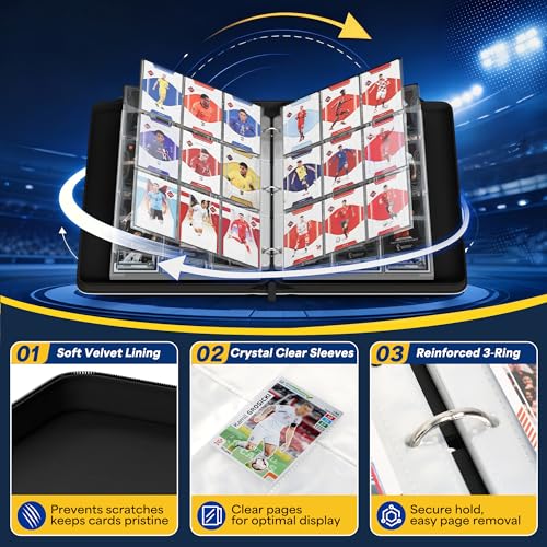 Image of Kabinka 9-Pocket Soccer Card Binder, 2025-2026 Soccer Trading Cards Binder Fits 900 Cards with 50 Removable Double-Sided Sleeves, Waterproof PU Card Albums for Soccer Fans