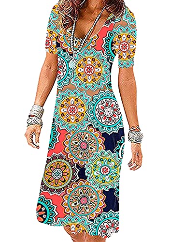 OMZIN Damen-Kurzarm-Kleid mit Blumen-Print Lockeres Casual-Tunika-Swing-Sommerhemd-Kleid A-Linie-Strand-Flowy-Kleid Grüner Ring XL