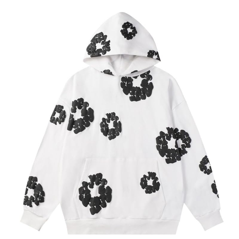 Sudiup Y2K casual men's and women's foam printed hoodies, street retro fashion couple sportswear tops (White,Medium)