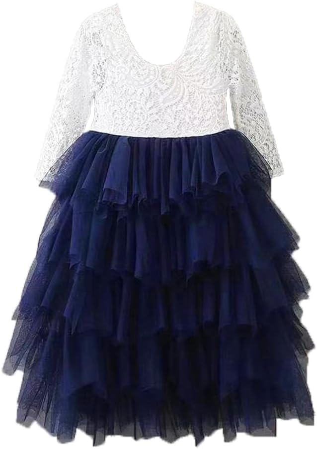 Topmaker Backless A-line Lace Back Flower Girl Dress 3T Non-beaded-sleeve-navy