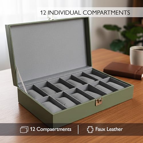Image of MDF Unisex Faux Leather Watch Organiser Box with 12 Slots | Color: Green