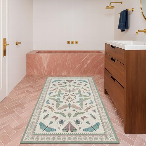 Image of Washable Sage Green Large Entryway Rug, 3x5 Area Rugs for Laundry Room, Kitchen, Bedroom, Dorm, Insect Print Vintage Floral Non-Slip Throw Rug Low Pile Stain Resistance
