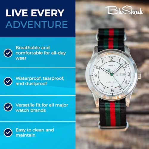 Image of BluShark - Original Collection Military-Style Waterproof Watch Strap, Fits All Timepiece Brands, Durable Nylon Wristwatch Accessories with Stainless Steel Buckle - 18mm, 20mm, 22mm & 24mm Watch Bands