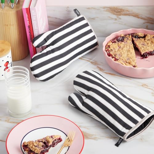 Image of kate spade new york Botanical Stripe Oven Mitt 2-Pack Set, 7 inch x 13 inch, Black /Beige