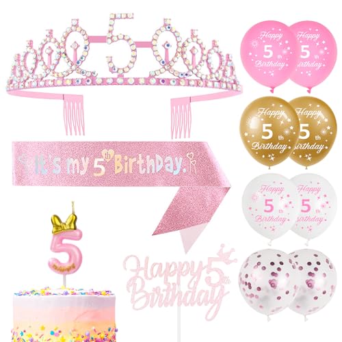 Girls 14pcs 5th Birthday Decorations,Including 5th Birthday Sash and Birthday Tiara Crown ,5th Birthday Balloons Candles Cake Topper Happy Birthday for 5 Year Old Girls Party Supplies Decoration