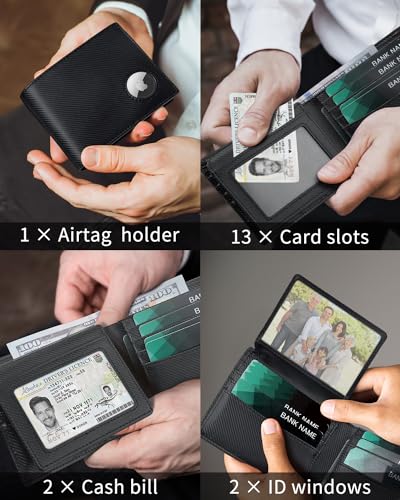 Image of Serovi AirTag Wallet for Men Bifold Wallet with AirTag Holder RFID Blocking Wallet With 2 ID Window and 12 Cards Holders Gift Box (Airtag Not included)