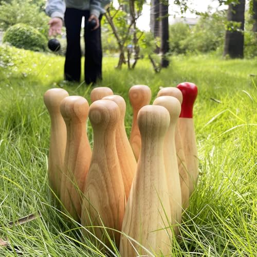Jac & Mok Bowling Set -Kegelspiel aus Holz - Dosenwerfen Bowling Spiel Outdoor & Indoor Spielzeug (10 Kegel und 2 Bälle, 20cm Höhe)