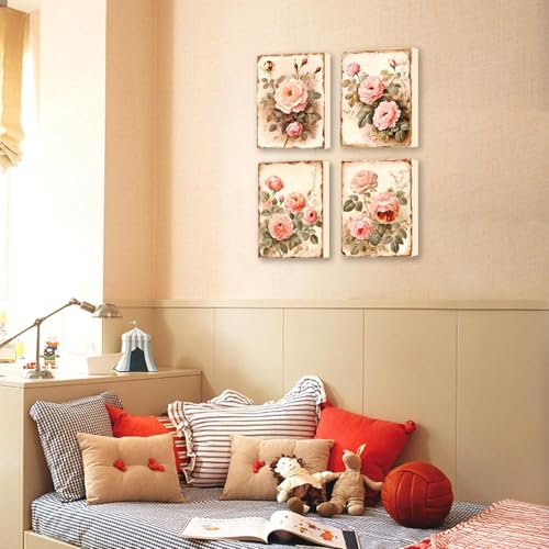 Image of Framed Vintage Flowers Canvas Wall Art Pink Rose Wall Decor,Set of 4