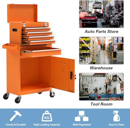 Image of 5-Drawer High Capacity Rolling Tool Chest, Removable Toolbox on Wheels Organizers, Lockable Tool Box Tool Storage Cabine with Drawers and Wheels for Workshop and Warehouse（5-Drawer, Orange）