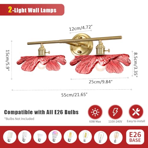 Image of 2-Light Red Floral Wall Sconce Mid Century Antique Gold Bathroom Vanity Light with Metal Base, Wall Lighting Fixture Over Mirror for Living Room Bedroom Hallway