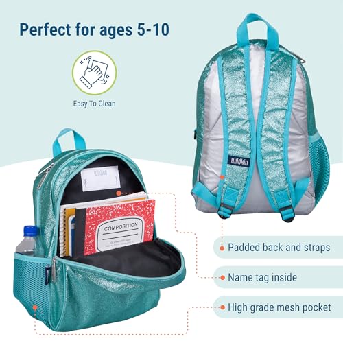 Image of Wildkin 15 Inch Backpack for Kids, Blue Glitter | Ages 5-10, padded straps, side water bottle pocket - coordinates with matching Wildkin lunch boxes