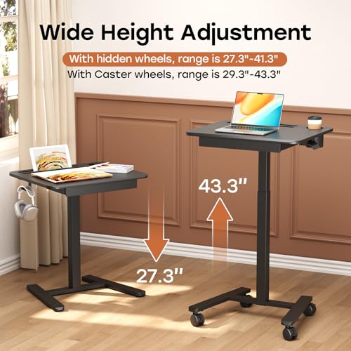 Image of Small Mobile Standing Desk with Drawer, 23.6 inchx19.7 inch Rolling Laptop Cart on Wheels, Height Adjustable Sit Stand Computer Workstation with Storage for Compact Space, Black