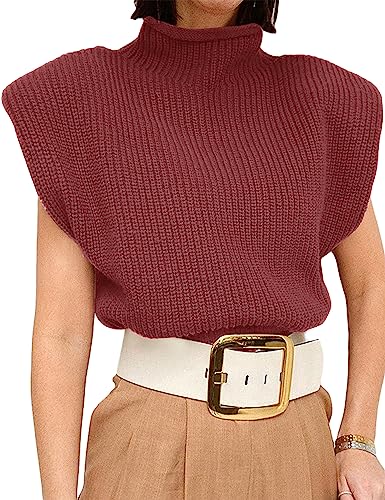 Image of Womens Sleeveless Sweater Vest Turtleneck Ribbed Knit Tank Tops Basic Slim Fit Top